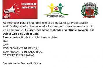 FRENTE DE TRABALHO INSCRIÇÕES ABERTAS