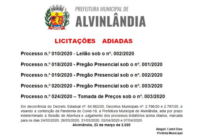 AVISO DE ADIAMENTO DE LICITAÇÕES